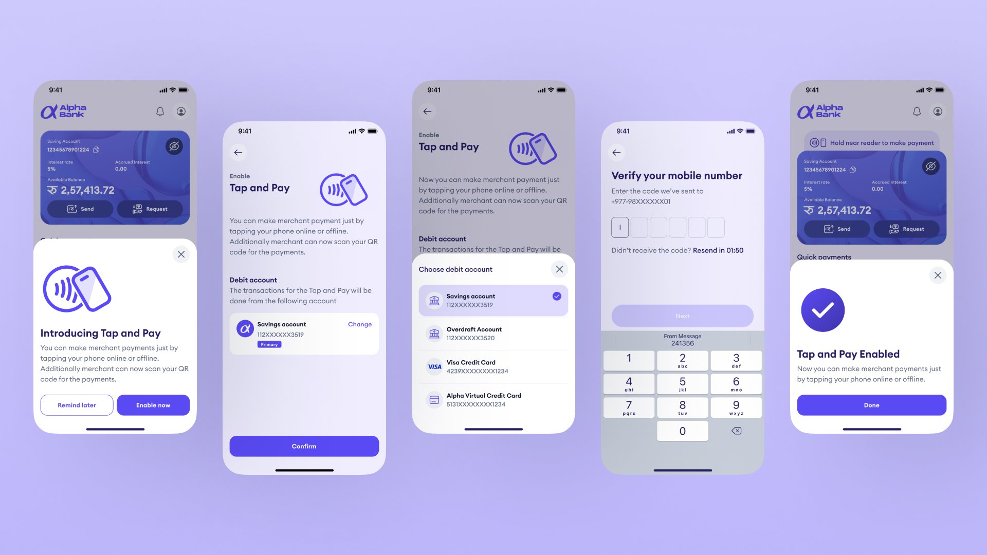Tap and Pay onboarding flow showing the feature introduction bottom sheet, enable screen with debit account selection, account options bottom sheet, OTP verification screen, and the Tap and Pay Enabled confirmation screen.