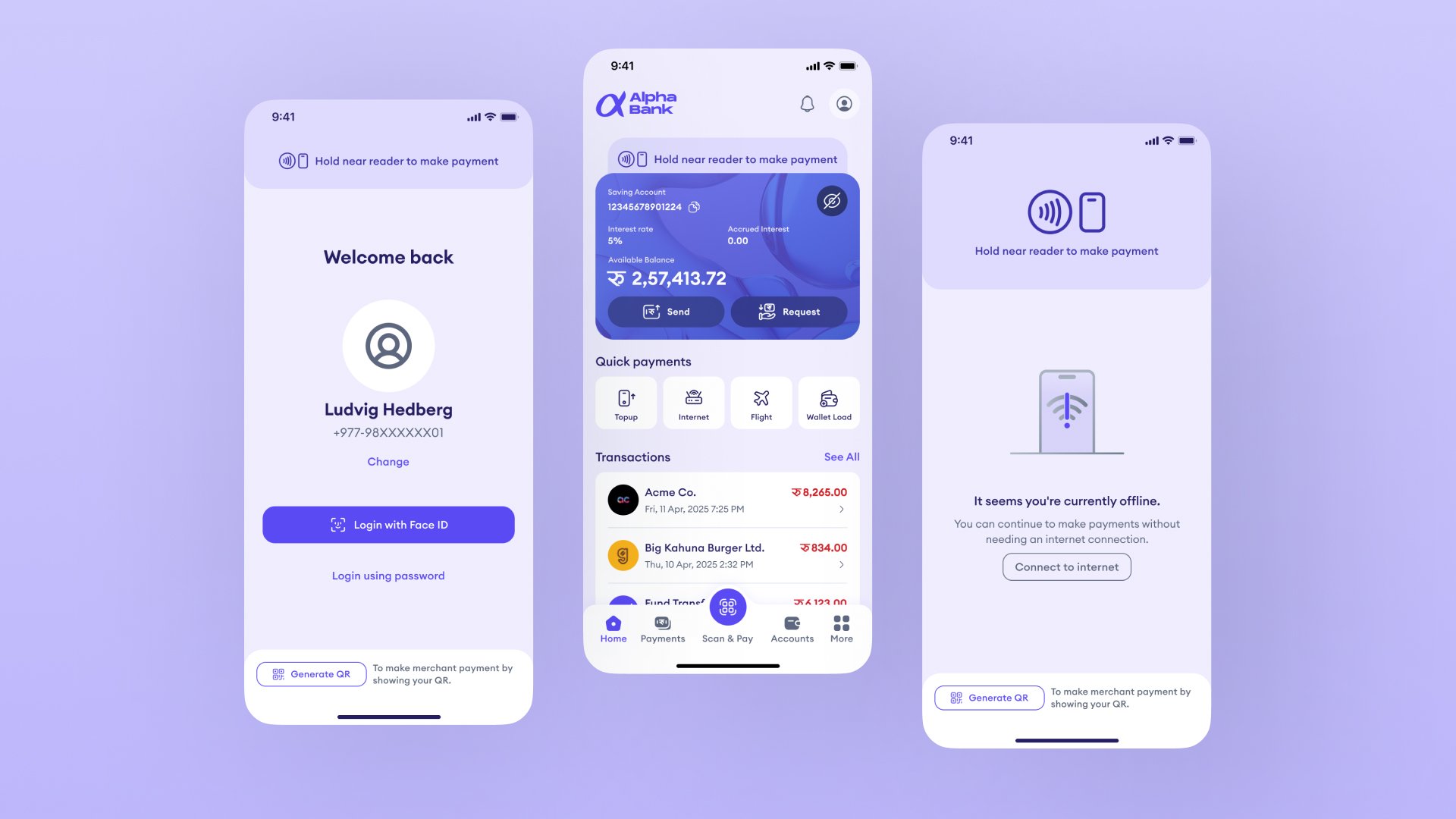Three states of the banking app showing the Tap and Pay NFC status bar when logged out, logged in, and offline, demonstrating the feature is available regardless of app state.