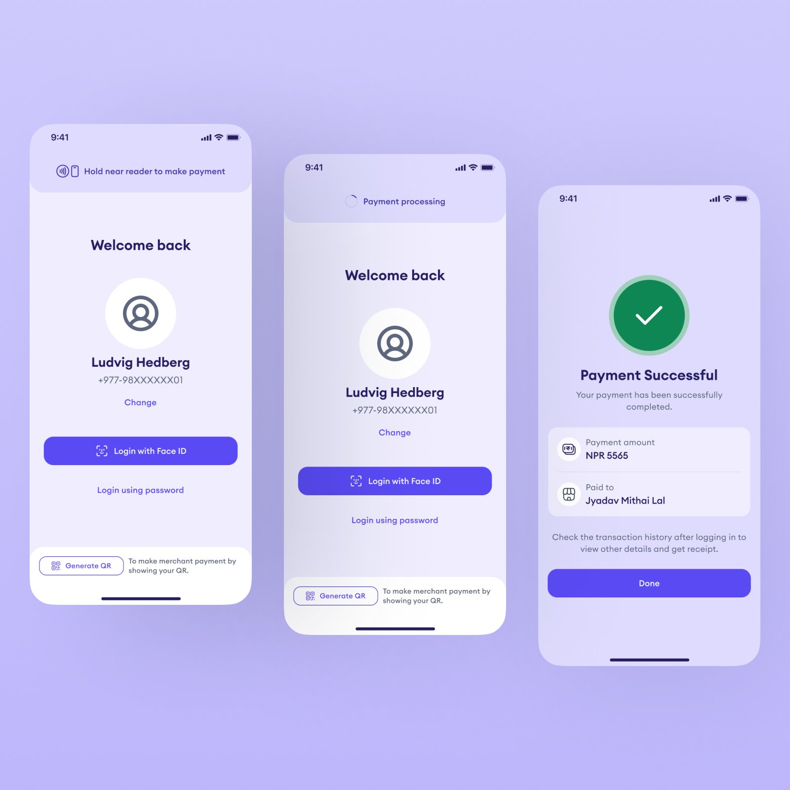 Tap and Pay payment flow from the login screen showing the active NFC bar, payment processing state, and payment successful confirmation for NPR 5,565 paid to Jyadav Mithai Lal without requiring the user to log in.