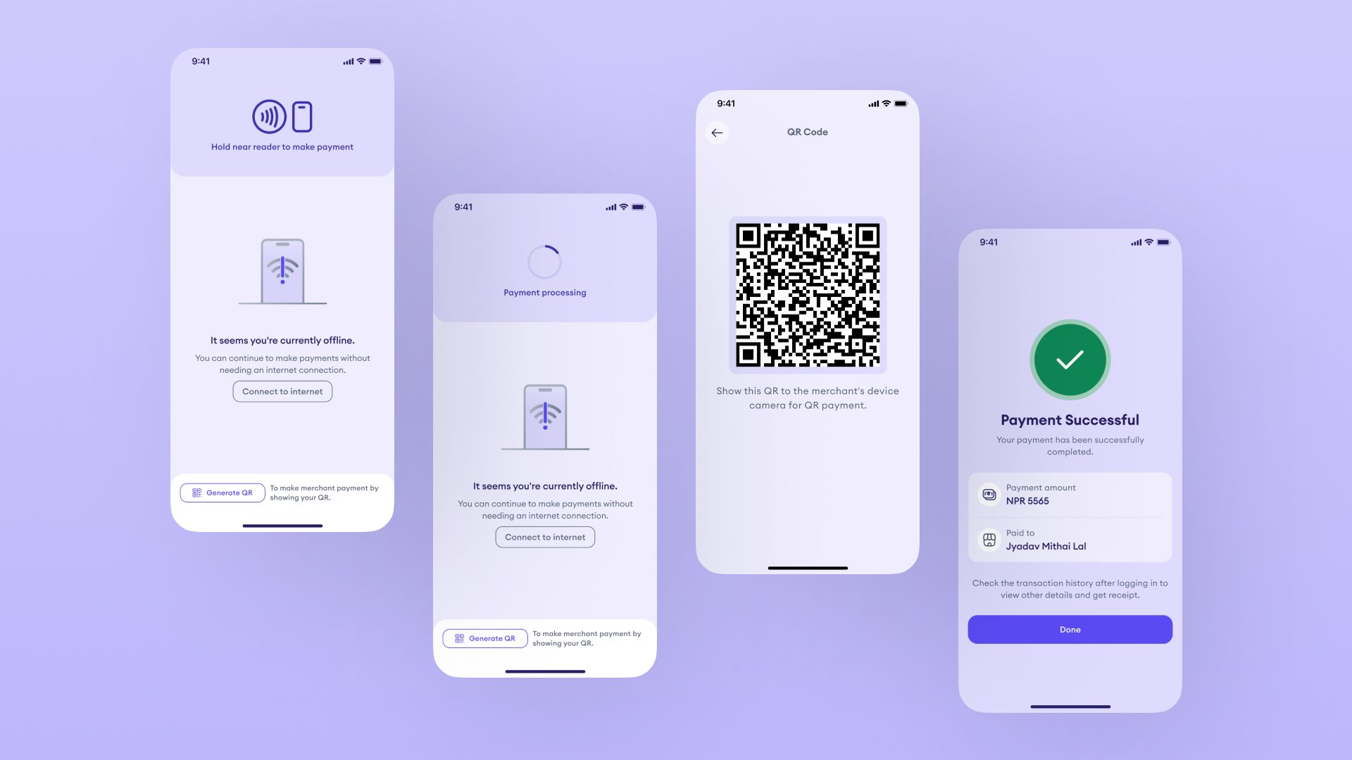 Offline payment flow showing the offline detection screen with the option to continue without internet, payment successful confirmation, QR code generation screen for CPQR payment, and QR payment processing state.