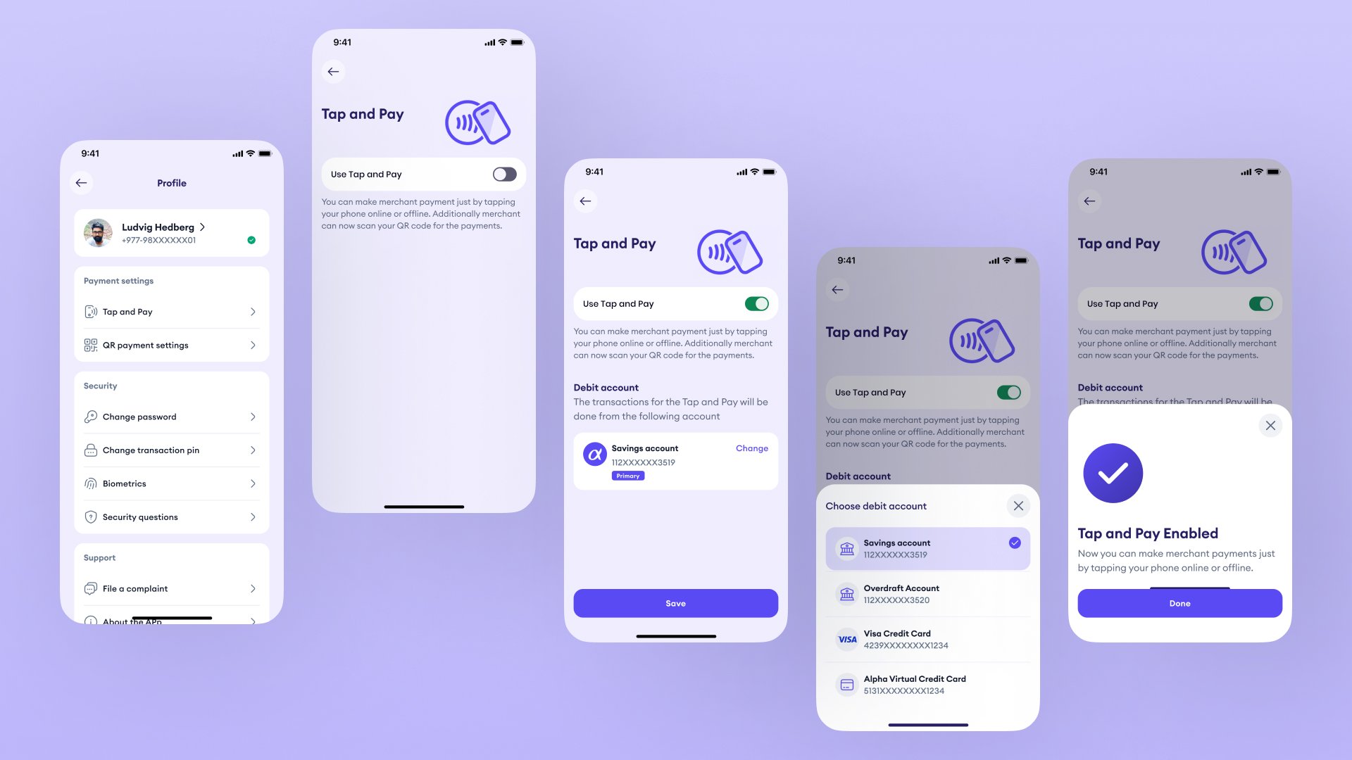 Offline payment flow showing the offline detection screen with the option to continue without internet, payment successful confirmation, QR code generation screen for CPQR payment, and QR payment processing state.