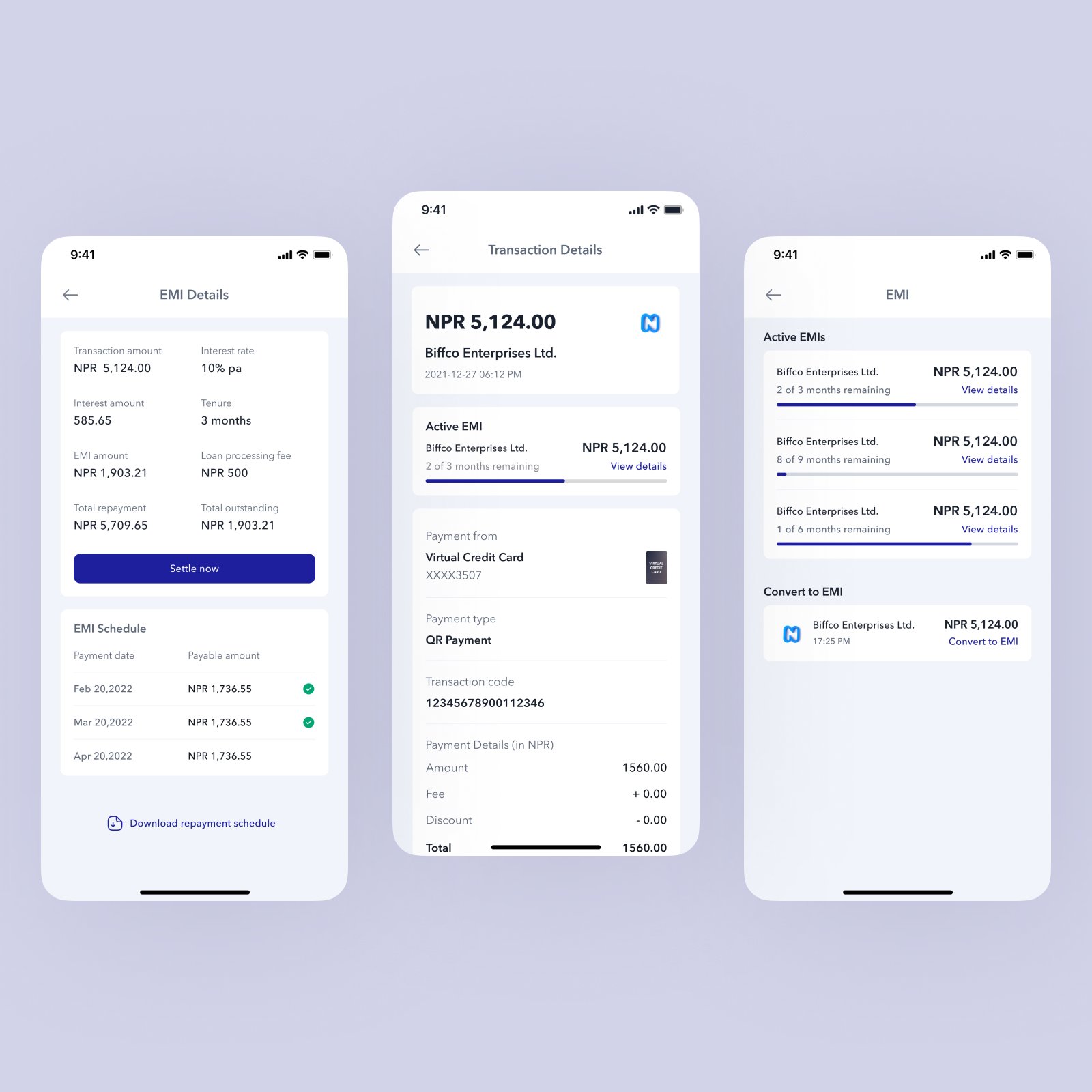 EMI details with full repayment breakdown, transaction screen showing active EMI status, and EMI management screen with active installment list