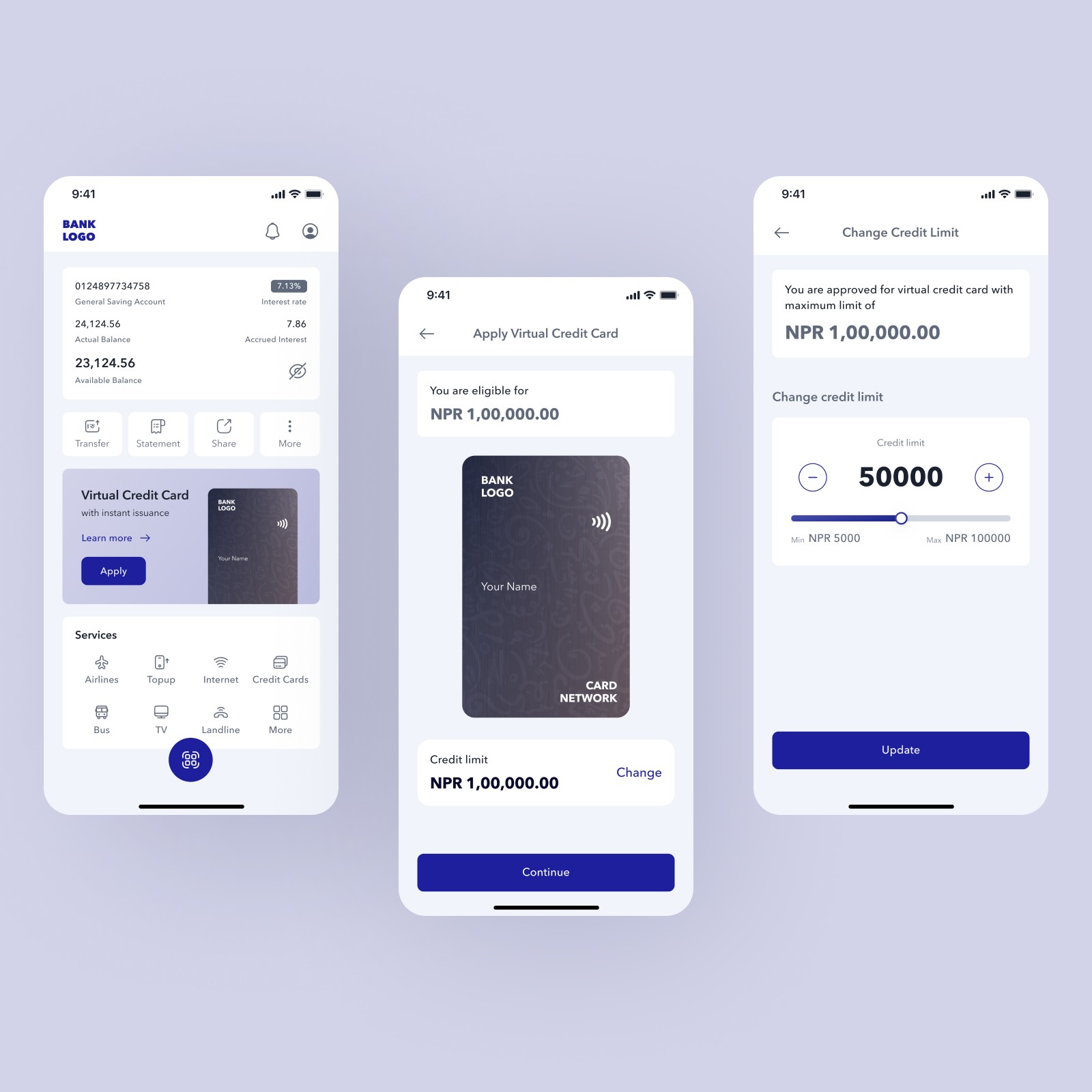 Virtual Credit Card Application Screen