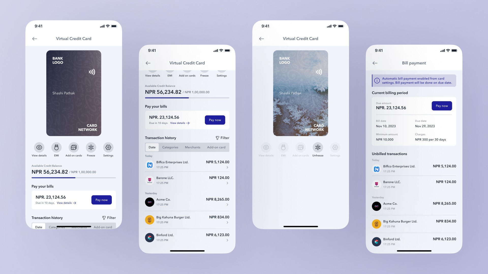 Virtual Credit Card Details Screen, Transaction Screen, and Bill Payment Screen